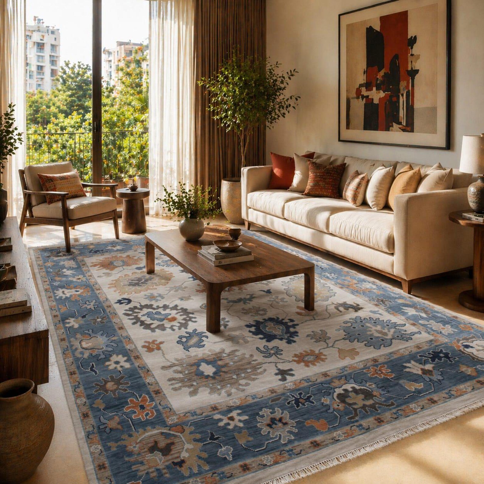 Detail view 11 of Oushak Ivory and Blue Floral Rug 8ft x 10ft