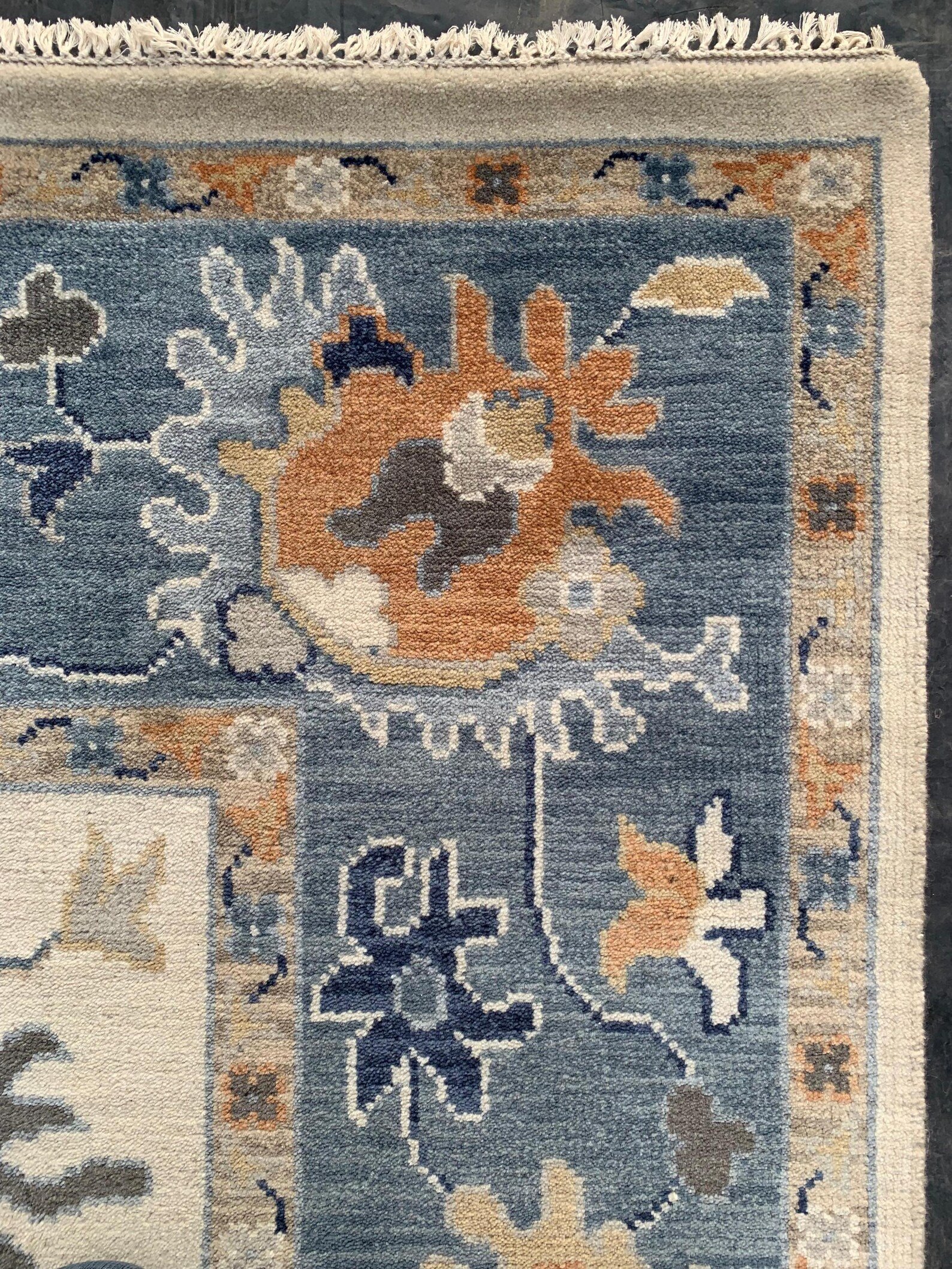 Detail view 8 of Oushak Ivory and Blue Floral Rug 8ft x 10ft