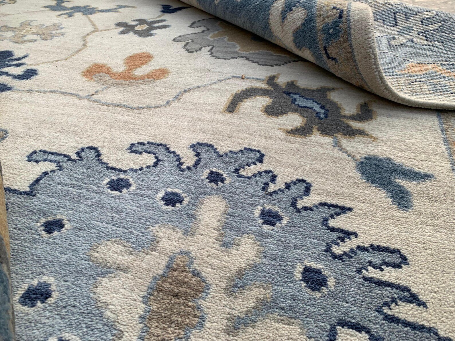 Detail view 7 of Oushak Ivory and Blue Floral Rug 8ft x 10ft