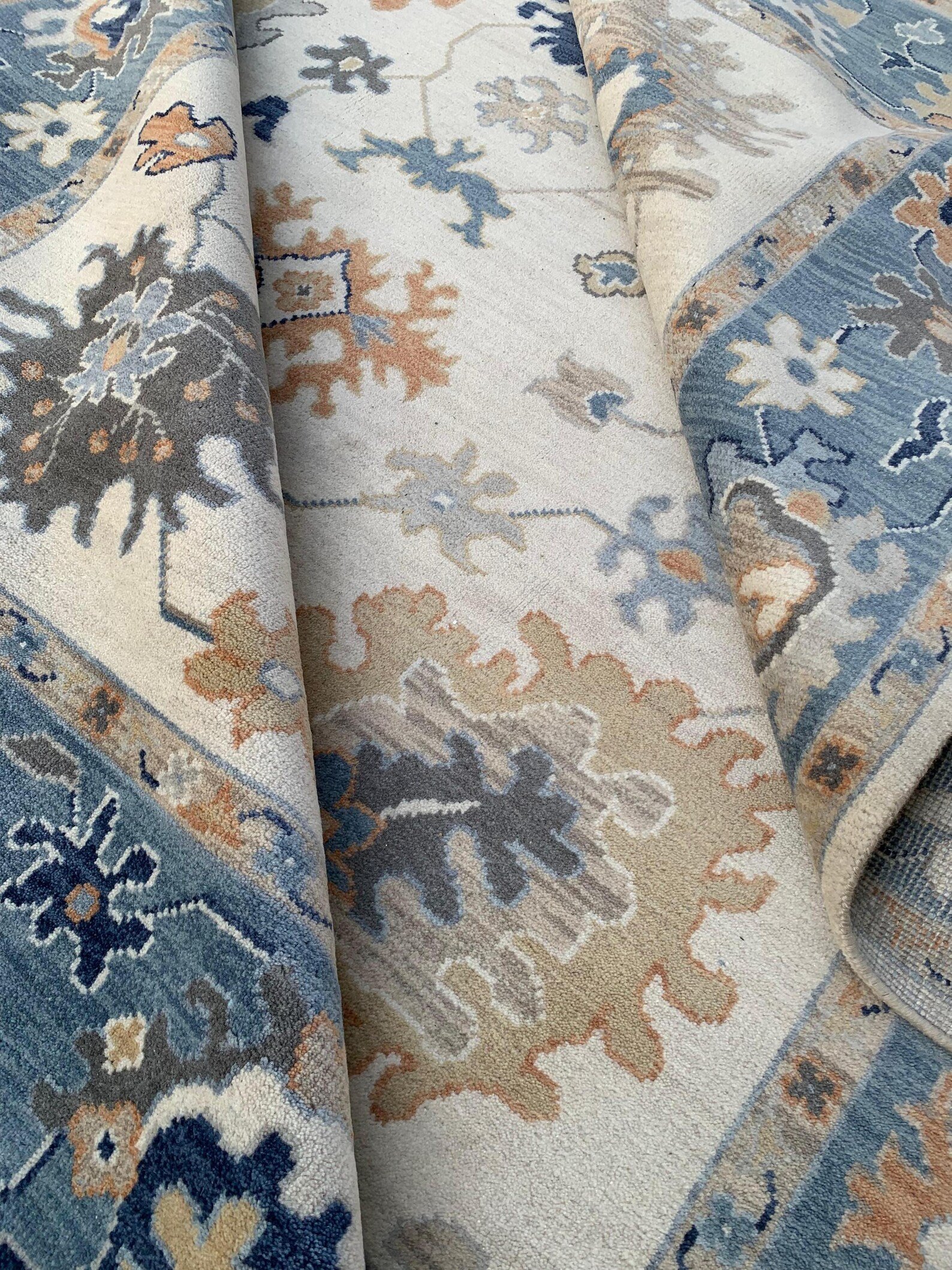 Detail view 6 of Oushak Ivory and Blue Floral Rug 8ft x 10ft