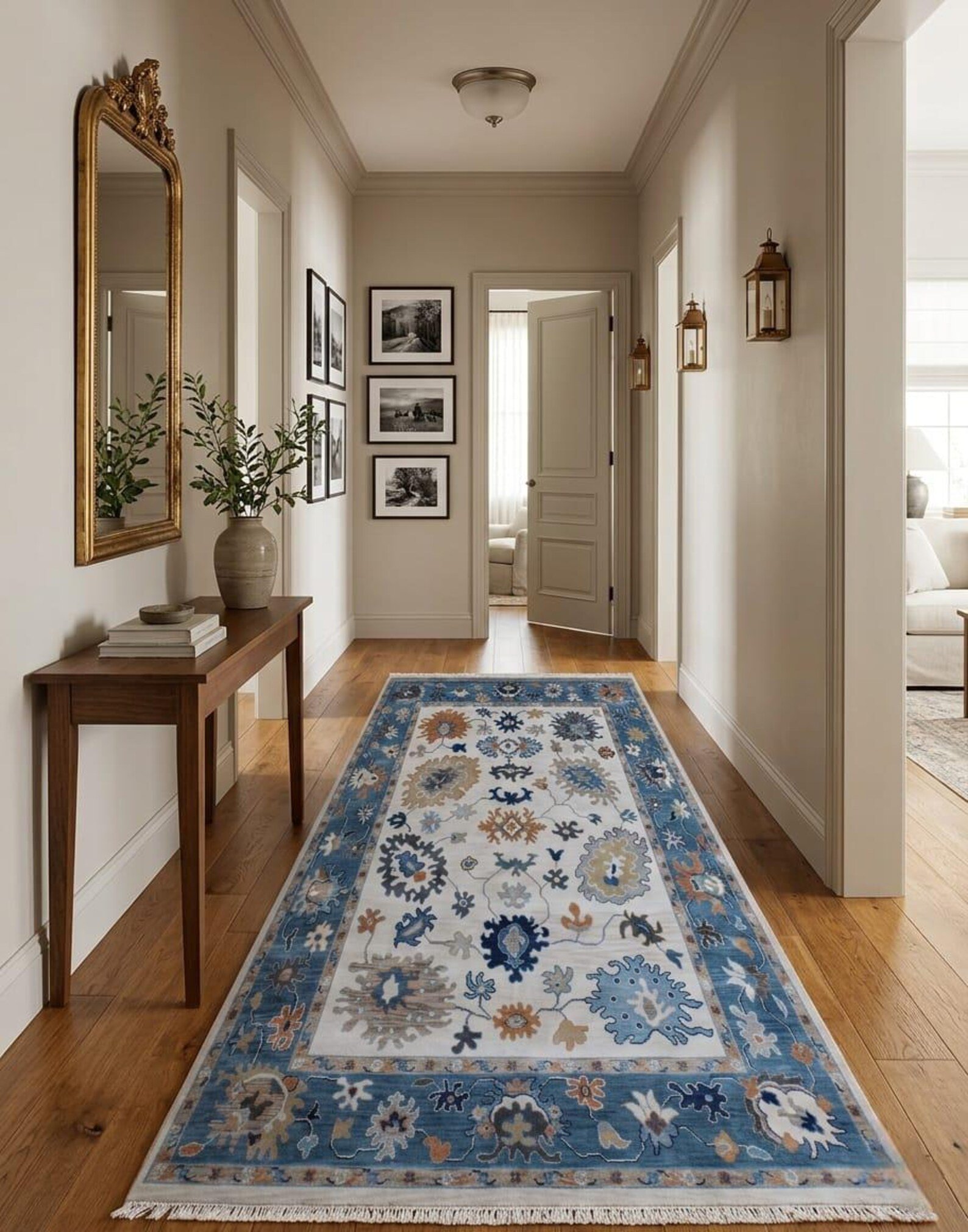 Detail view 3 of Oushak Ivory and Blue Floral Rug 8ft x 10ft